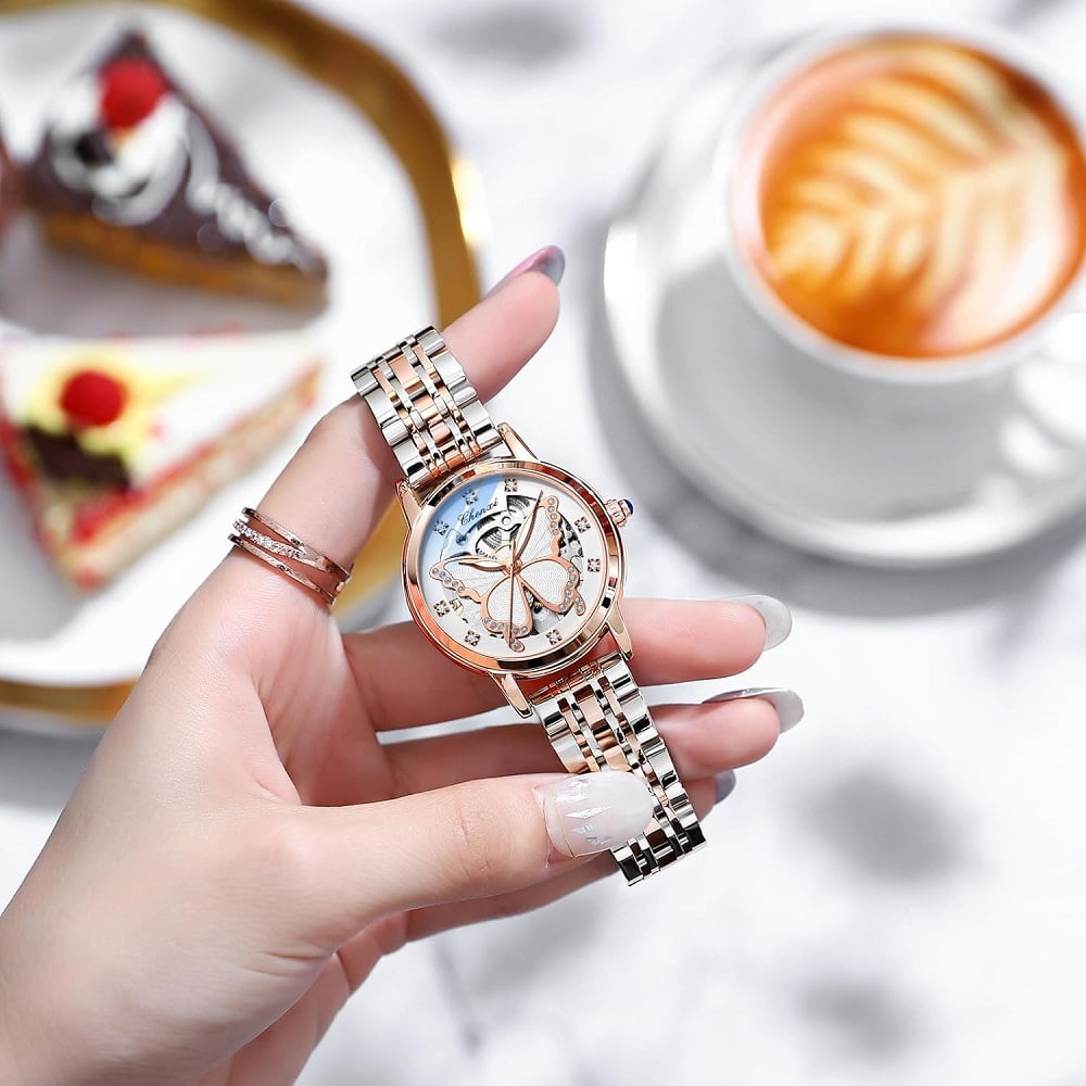 Women's Sapphire Watches Automatic Mechanical Gold Bracelet Ladies Skeleton Wrist Watch - Image 2