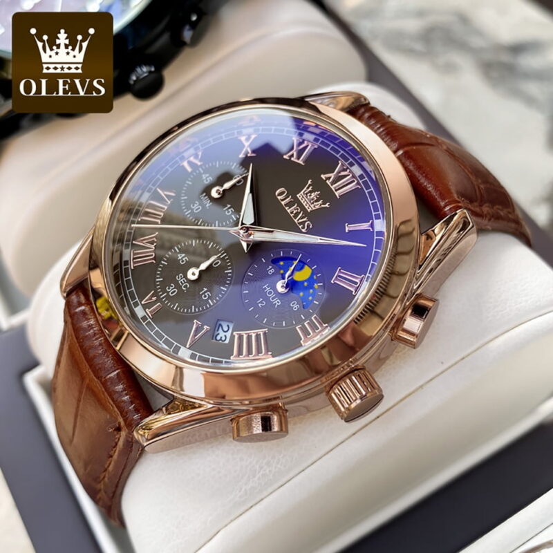 OLEVS Mens Watches Luxury Chronograph Moon Phase Waterproof Luminous Brown Leather Strap Date Rose Gold Classic Watch for Men