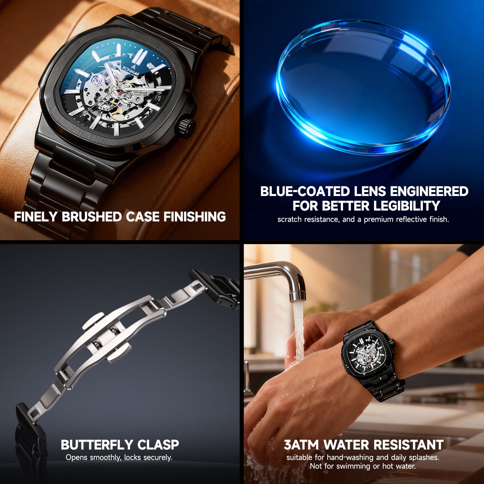 SKMEI Men's Mechanical Skeleton Watch Luxury Big Face Watches for Men with Luminous Stainless Steel Strap - Image 4