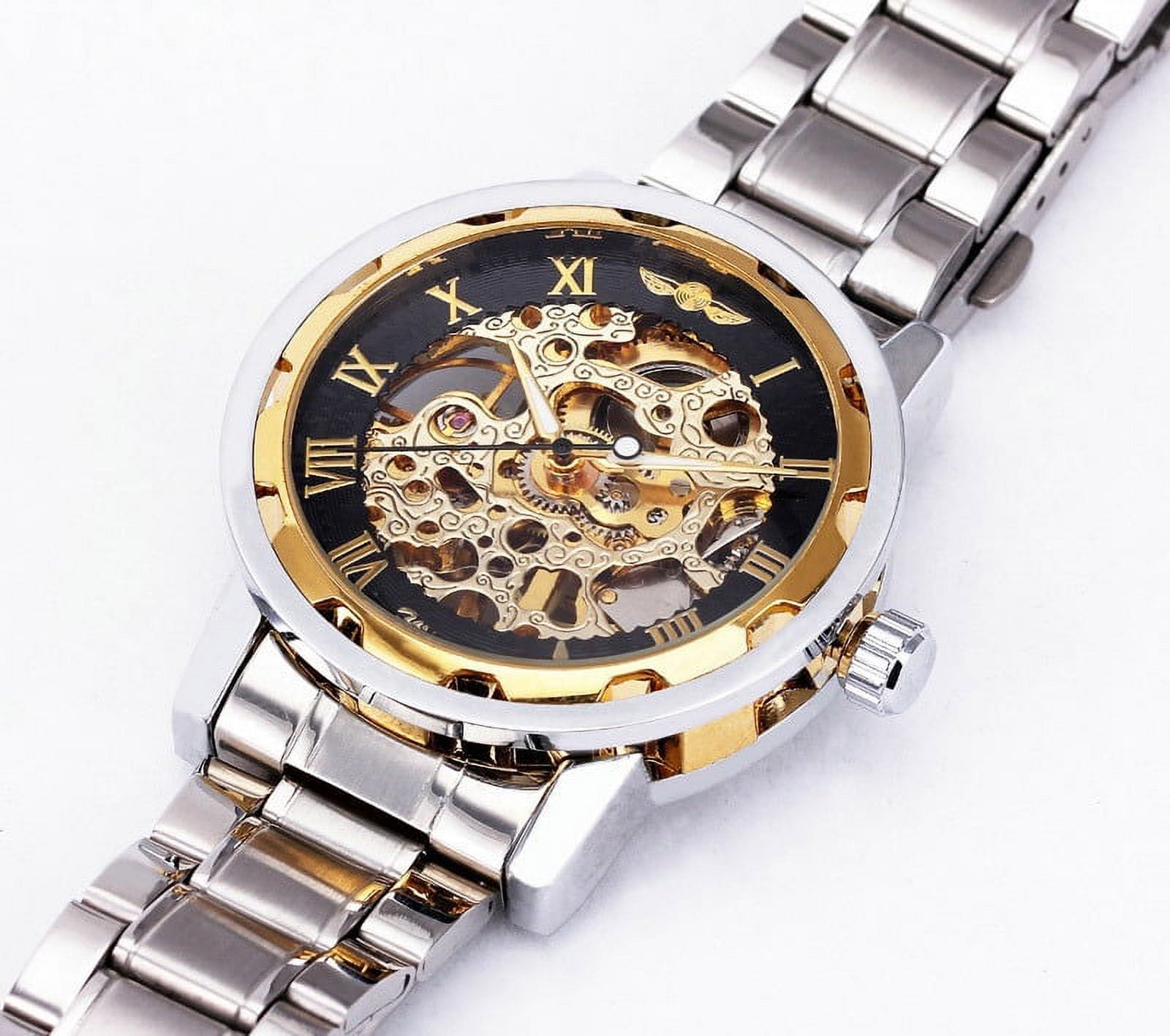 VIGOROSO Mechanical Watches Mens Transparent Skeleton Hand Wind Up Watch Classical Sports Watch Black Stainless Steel Wristwatch - Image 3