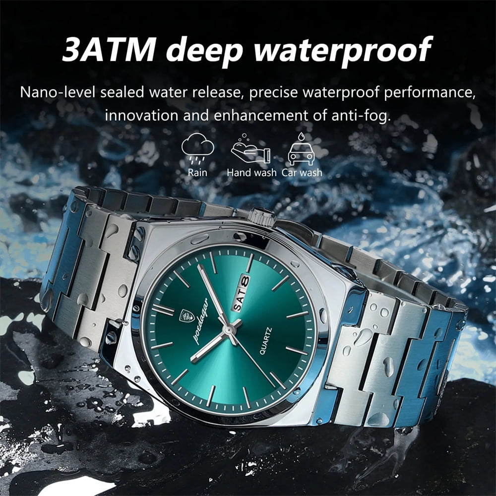 POEDAGAR Men Green Quartz Stainless Steel Fashion Watch Analog Waterproof Luminous Date Wristwatch - Image 3