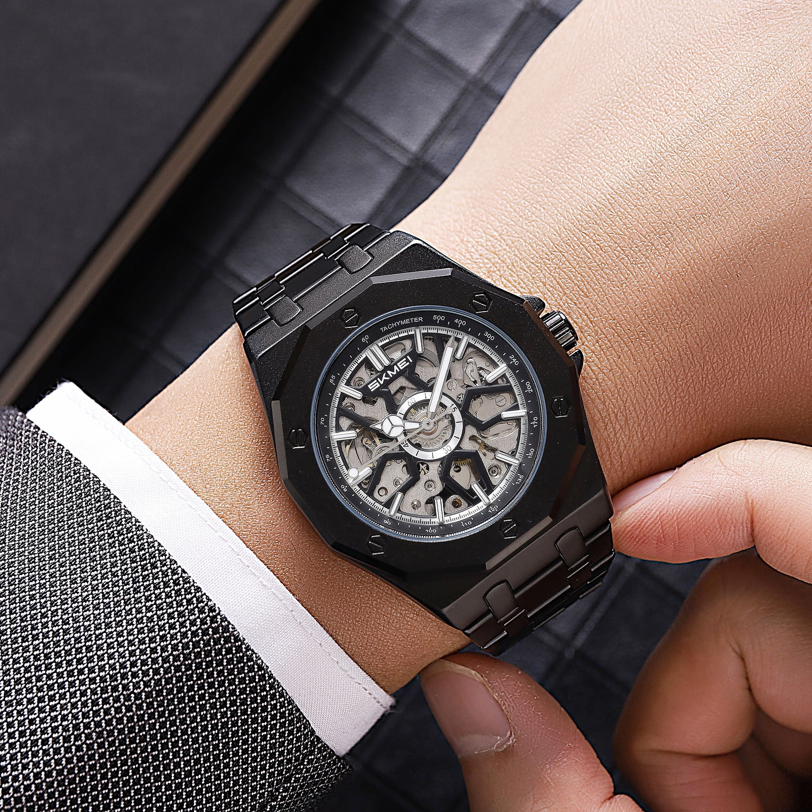SKMEI Mens Luxury Skeleton Automatic Mechanical Wrist Watches Business Leisure Waterproof Luminous Pointer Self-Winding Wrist Watch - Image 5