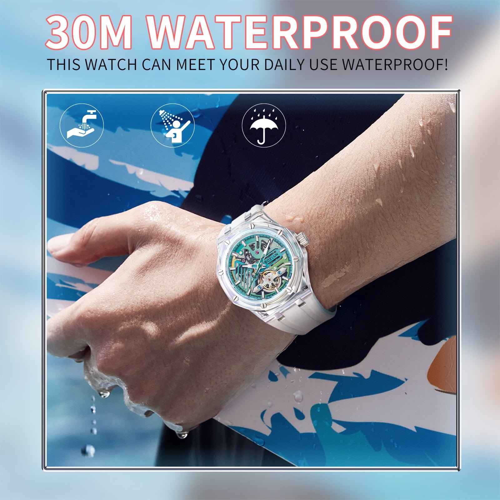 BOZLUN Mens Watch Skeleton Luxury Mechanical Luminous Waterproof Self-Winding Wrist Watch - Image 4