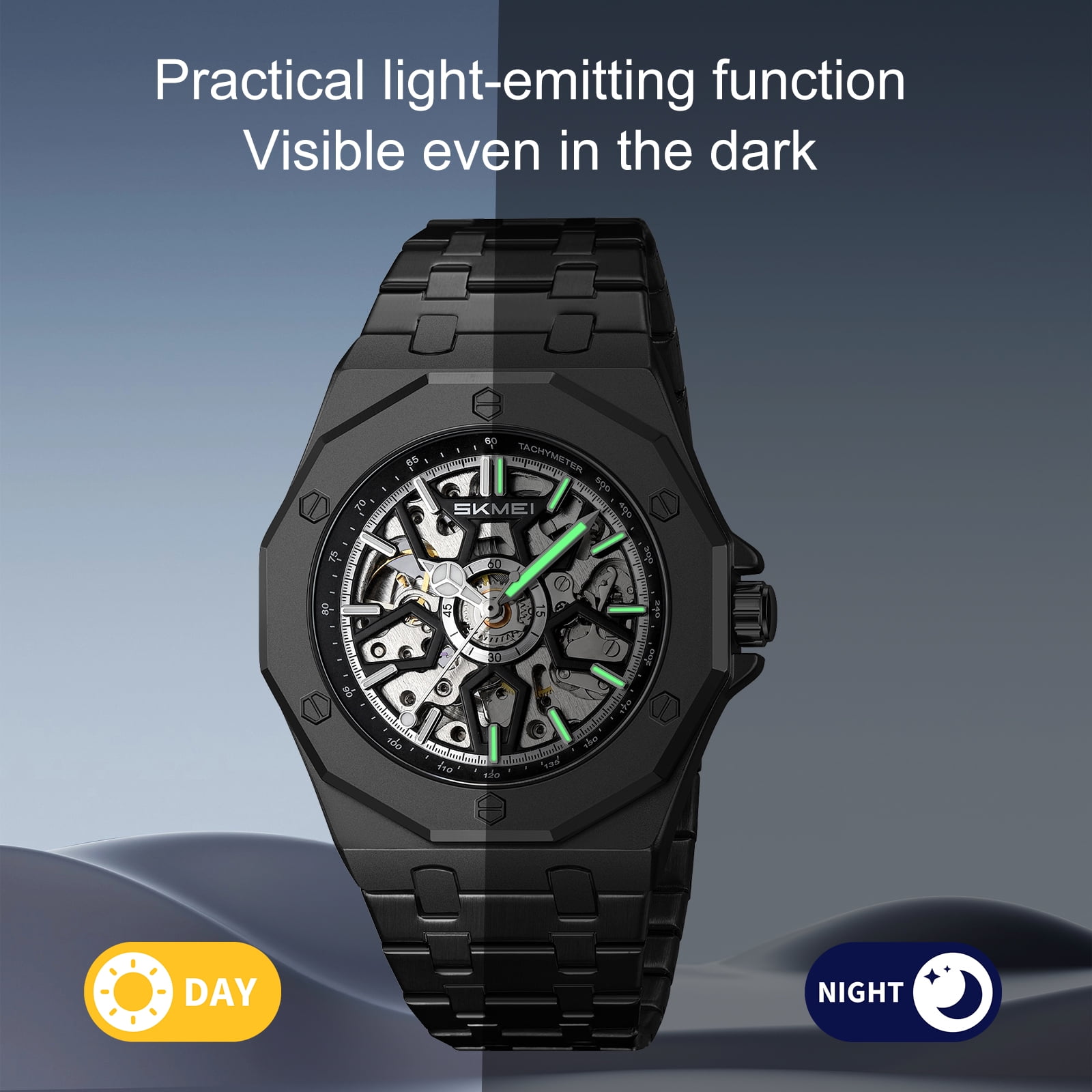 SKMEI Mens Luxury Skeleton Automatic Mechanical Wrist Watches Business Leisure Waterproof Luminous Pointer Self-Winding Wrist Watch - Image 2