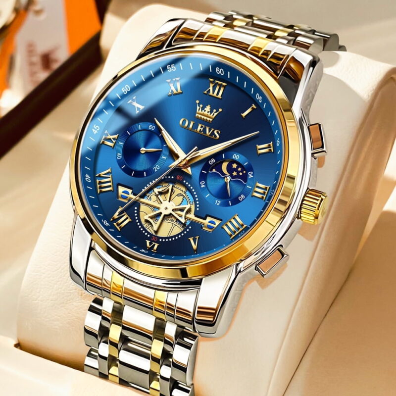 OLEVS Mens Watches Chronograph Business Dress Quartz Stainless Steel Waterproof Luminous Date Wrist Watch For Men Blue Dial