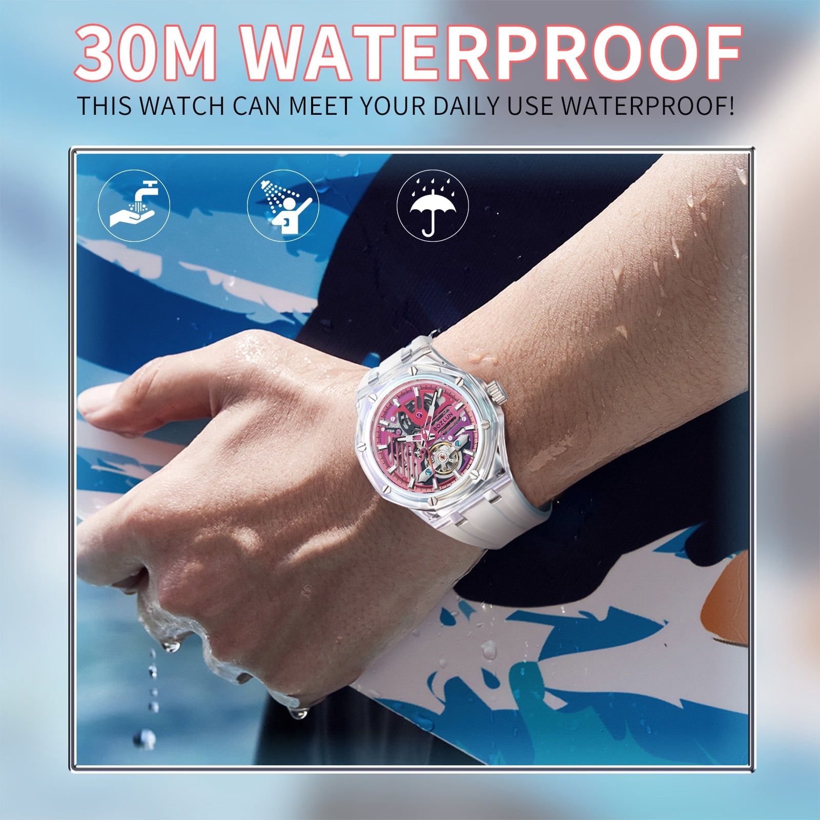 BOZLUN Mens Watch Skeleton Luxury Mechanical Luminous Waterproof Self-Winding Wrist Watch - Image 4