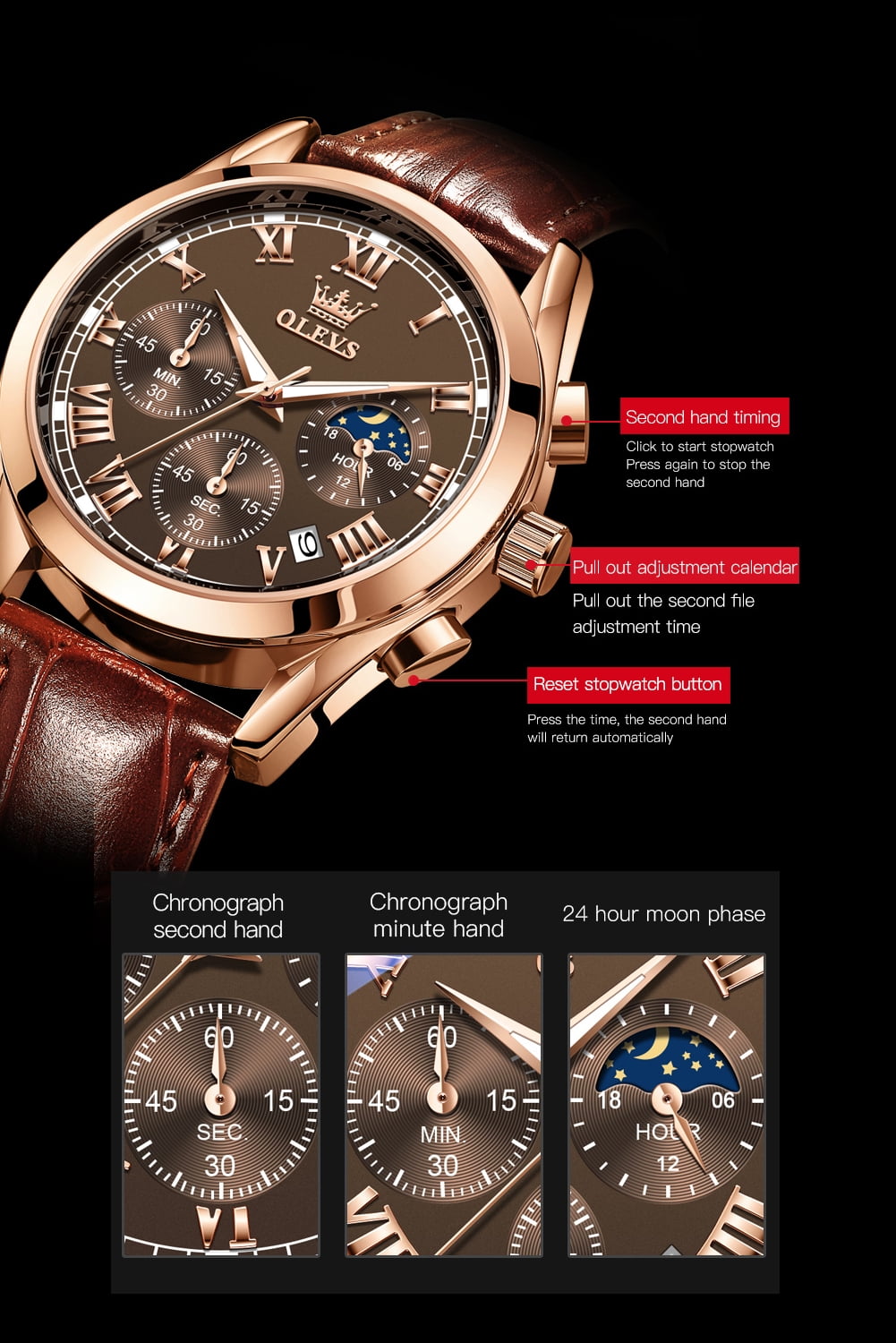 OLEVS Mens Watches Luxury Chronograph Moon Phase Waterproof Luminous Brown Leather Strap Date Rose Gold Classic Watch for Men - Image 5