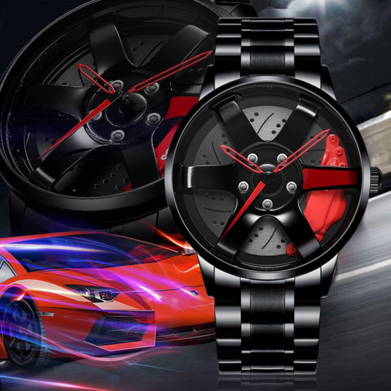 SUSHNAG Skeleton Steel Band Watch Men'S Watch Sport Mesh Wheel Quartz Car Watch Fashion Hub Rim Watch Men'S Watch