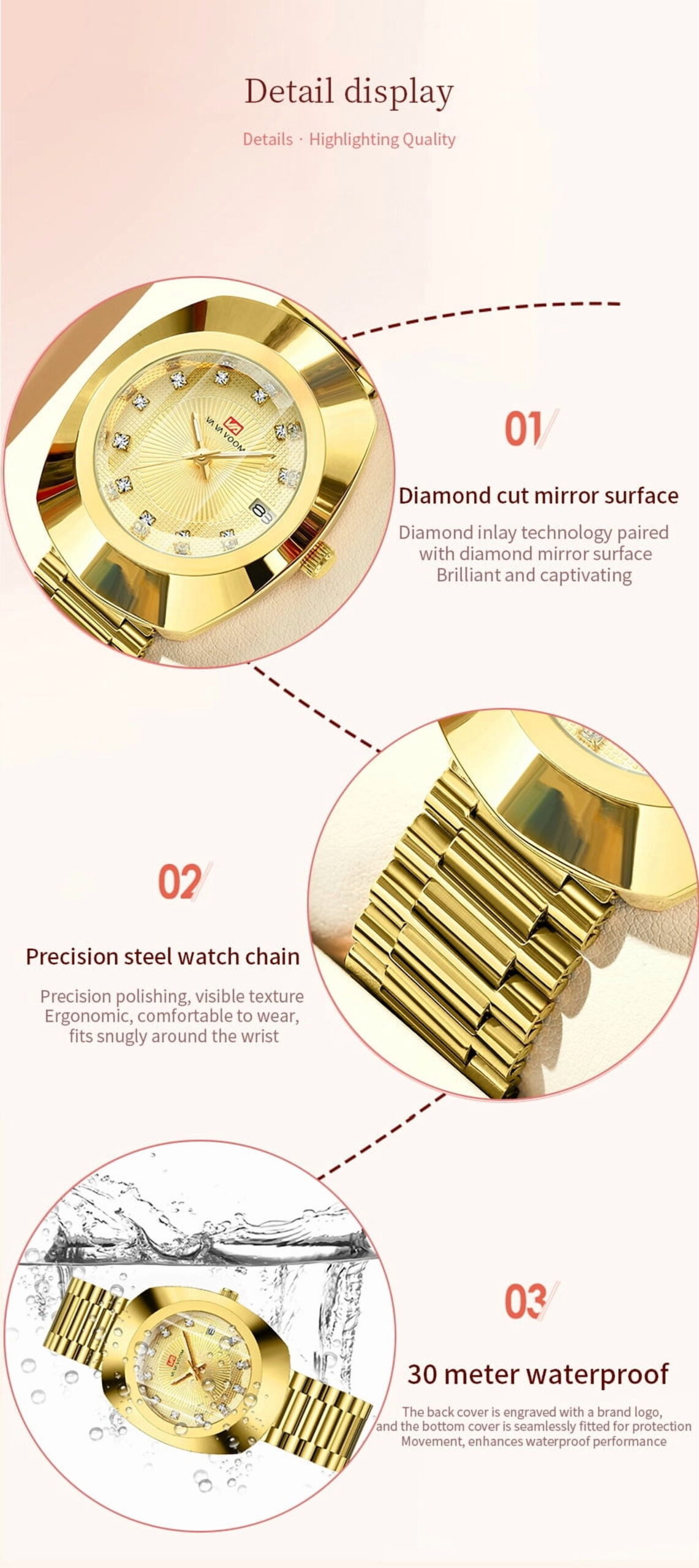 Unisex Stylish Casual Stainless Steel Wristwatch, Golden - Image 7