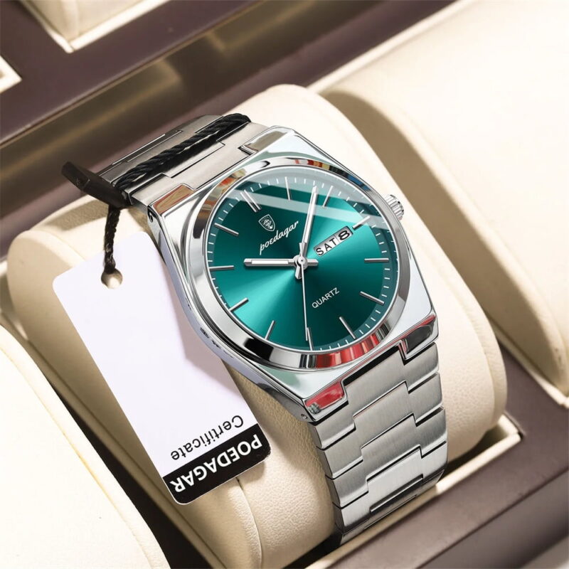 POEDAGAR Men Green Quartz Stainless Steel Fashion Watch Analog Waterproof Luminous Date Wristwatch